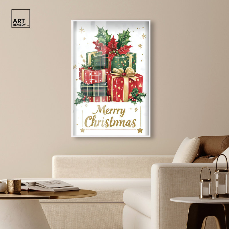 Décoration murale Merry Christmas Gift III Shadowbox Print par Art Remedy, cadre blanc, 37 x 55, Cadre blanc