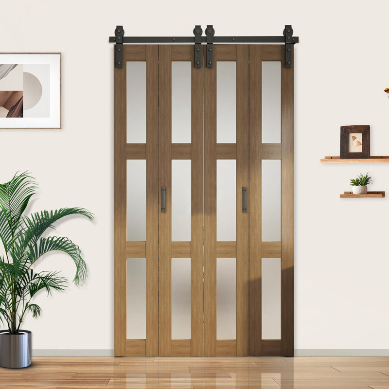 Porte en bois manufacturé en verre givré pliable 3-Lite avec trousse de quincaillerie d'installation, 48 po x 84 po, Brun