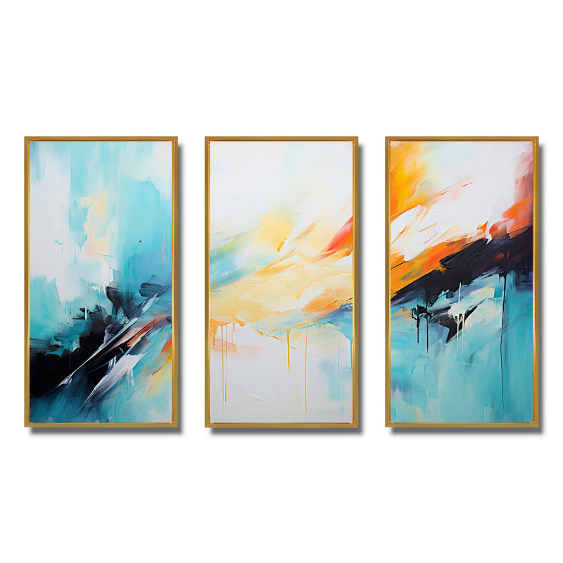 Azur bleu jaune fusion 3 - art mural abstrait, Cadre flottant doré, H 28 po x l 36 po x P 1 po