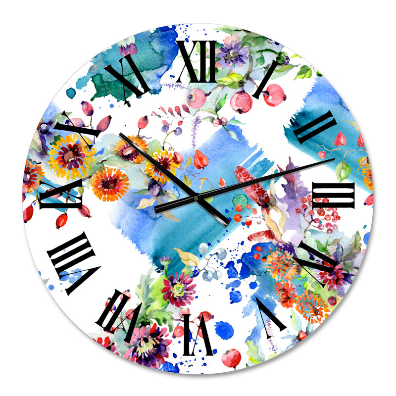 Vibrant Wild Spring Leaves and Wildflowers - horloge murale moderne, Petit
