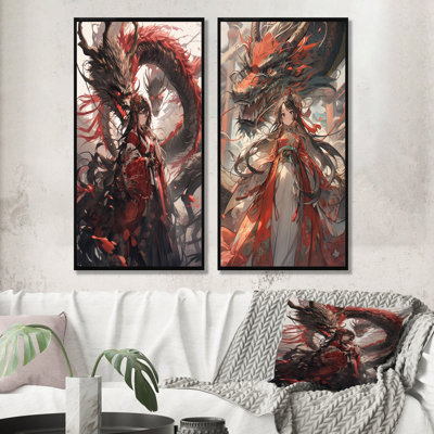 Dragon rouge et rouge princesse I - Femme, art mural asiatique, ensemble de salon
