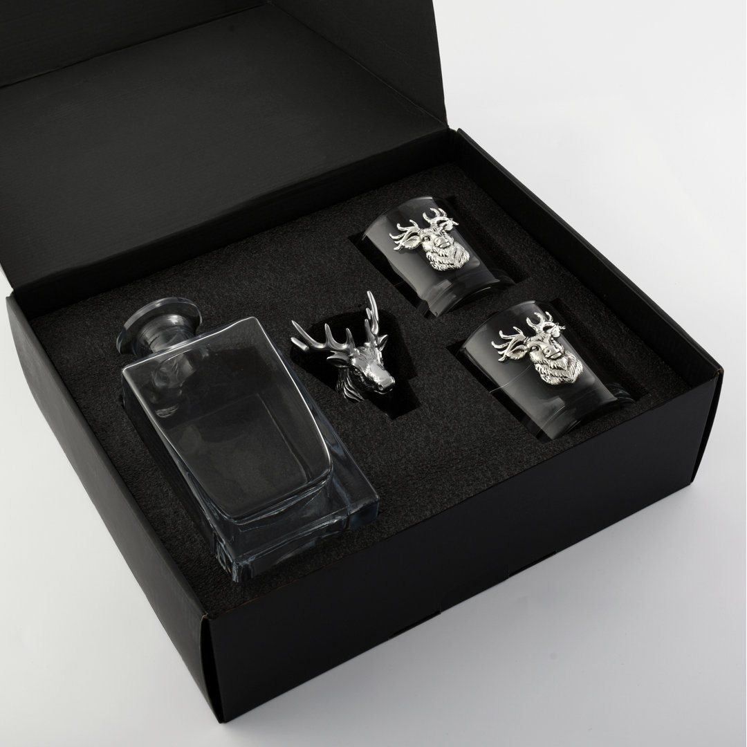 Elk / Deer Head Glass Whiskey Decanter with pair of double old fashion glasses Arthur Court Designs