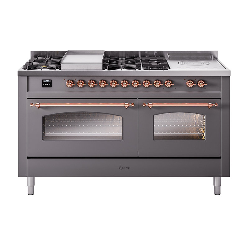 ILVE Nostalgie II Series 60 inch Dual Fuel Range with 5 Sealed Burners, Griddle, Frenchtop (Glass Door), Natural Gas