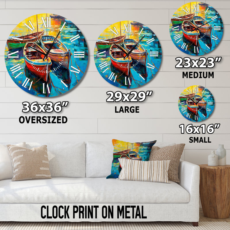 Trois bateaux dans le port I - horloge murale blanche, Grand