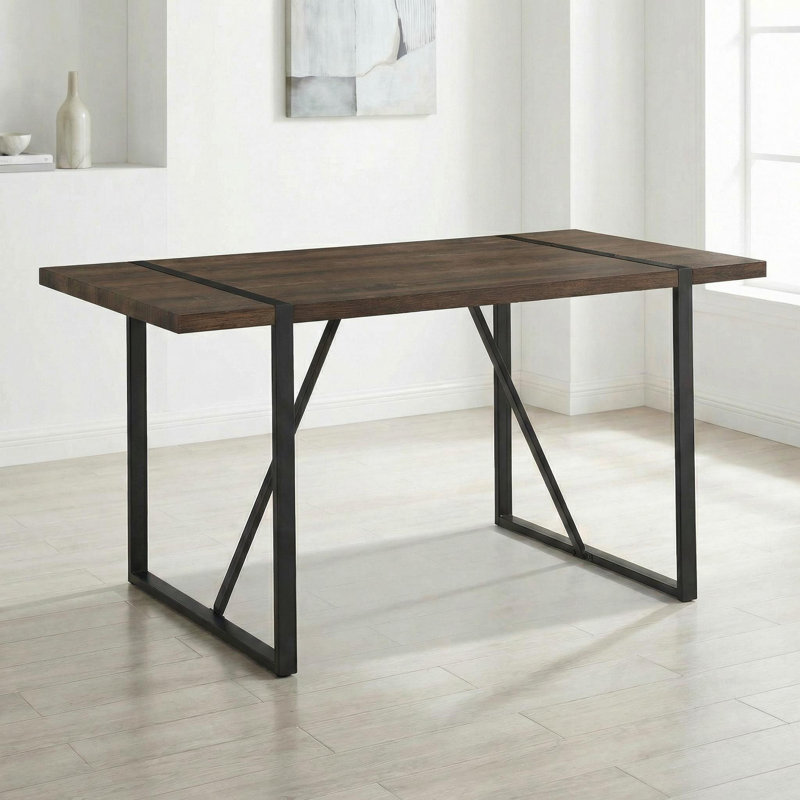 55 Inch Modern Industrial Rectangular Dining Table With Black Metal Legs, Dark Walnut