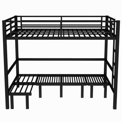 Queen over Queen size pull-out Metal Bunk Bed, lower bunk can be pulled out in three sections, top bunk equipped with safety rails.