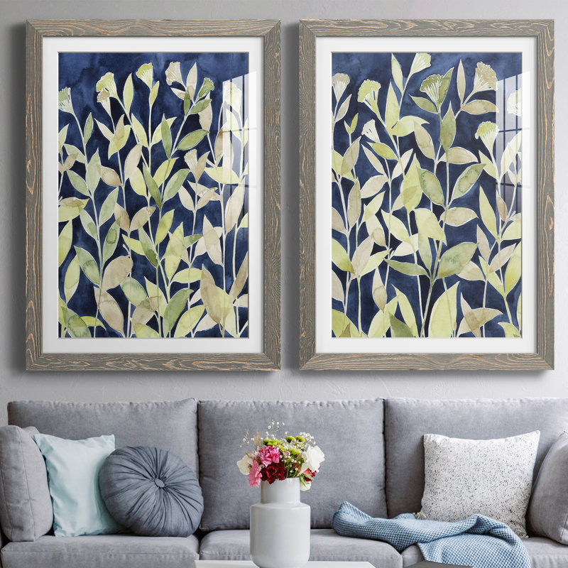 Indigo Blooming Night I encadré mat - prêt à accrocher, H 20 po x l 34 po x P 1,5 po, Gris