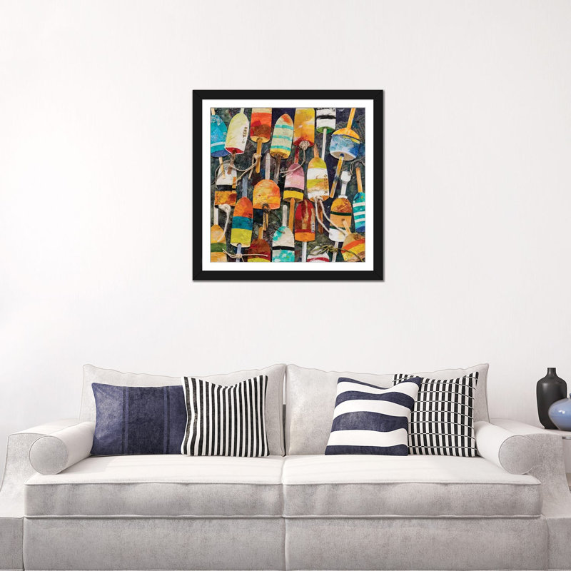 «Buoy Collage Square», reproduction sur toile, H 16 po x l 16 po x P 1 po, Papier d'art encadré noir, Blanc