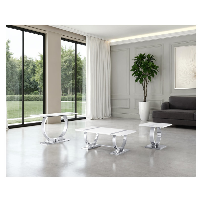 Table d'appoint carrée argentée et blanche avec piètement en forme de O, table d'appoint contemporaine en bois d'ingénierie et acier pour salon