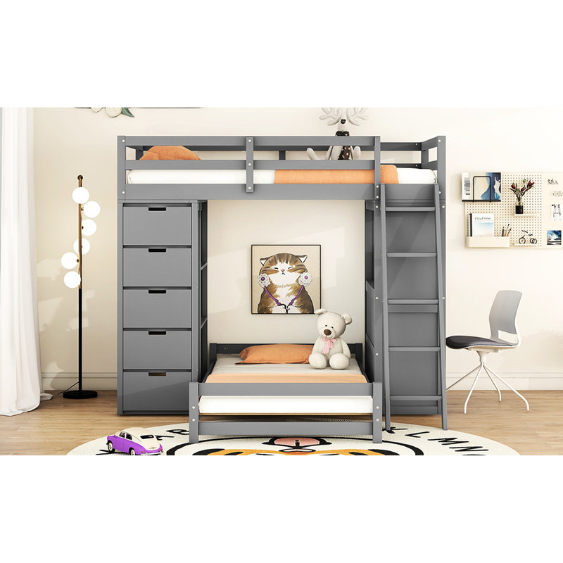 Lit superposé gris avec rangement supplémentaire - Travaillez et jouez confortablement avec un lit simple au-dessus du lit, rangez vos objets dans les tiroirs