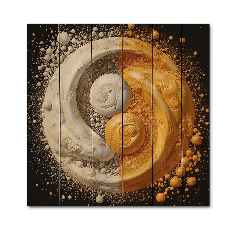 Jamerria blanc jaune Yin et Yang sur bois, H 35 po x l 35 po x P 0,78 po