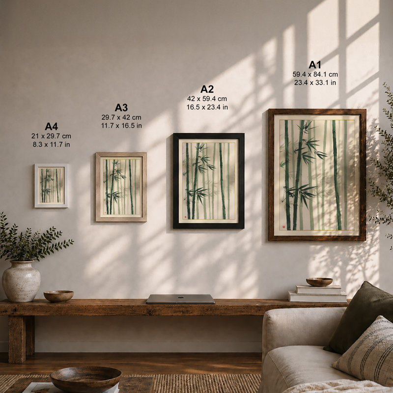 Bamboo in Mist Japandi - Framed Print, A3 - 42.0 x 29.7 cm, Black