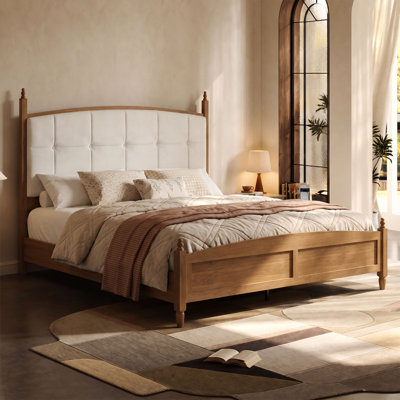 King Size American Farmhouse Curved Upholstered Headboard Bed Frame, Wooden Posts with Finials