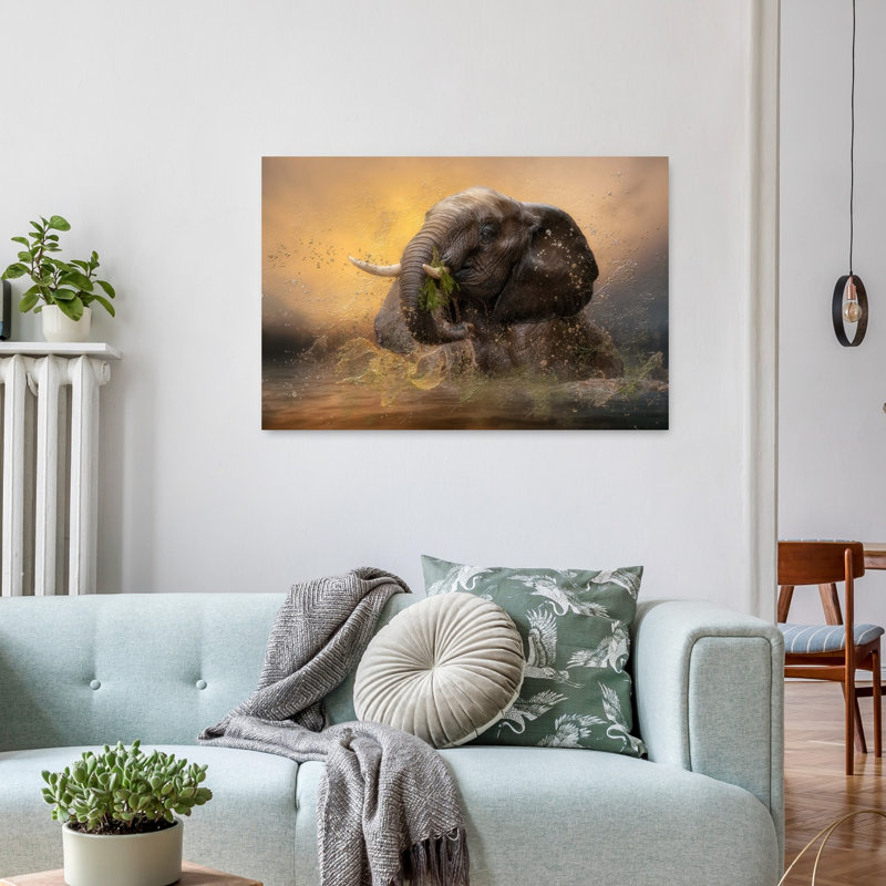 Majestic Elephant Splash Peaceful Contemporary Elephant Nature Wildlife Wall Art Print 1 Piece Wrapped Canvas Wall Art