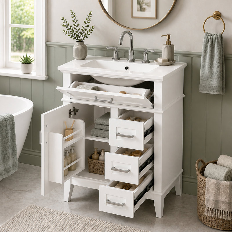 Meuble-lavabo autoportant de 24 po avec lavabo en céramique, 1 porte, tiroir rabattable et 3 tiroirs