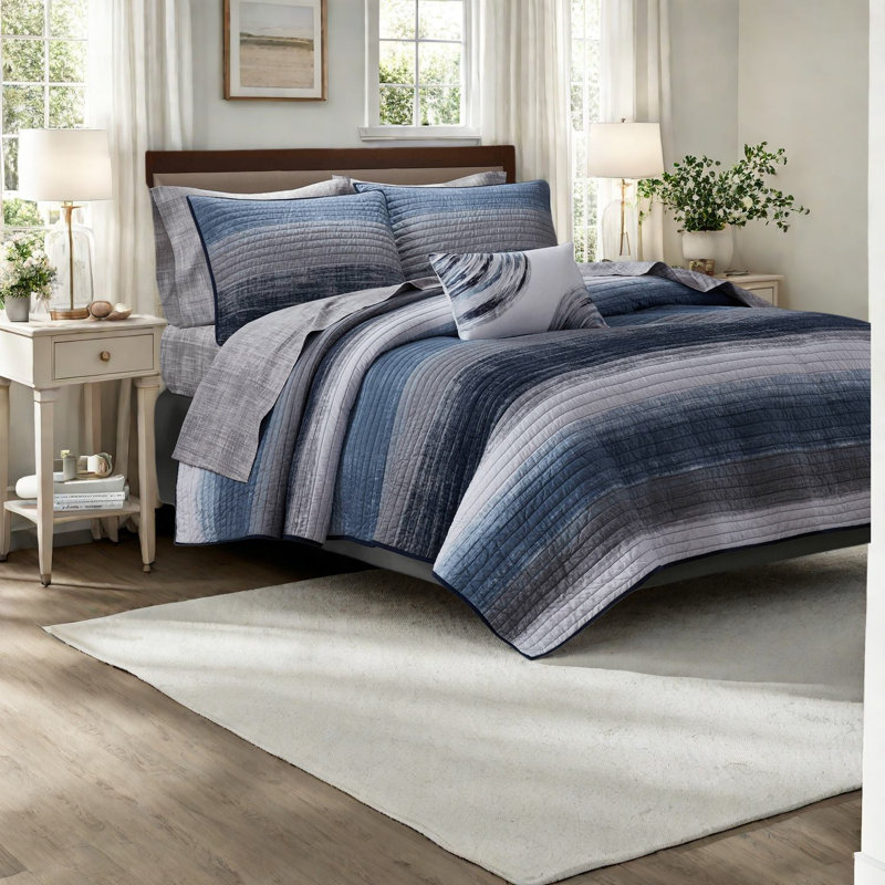 Ensemble de literie pour très grand lit 8 pièces de qualité supérieure, draps en coton et courtepointe en microfibre bleu marine, design contemporain