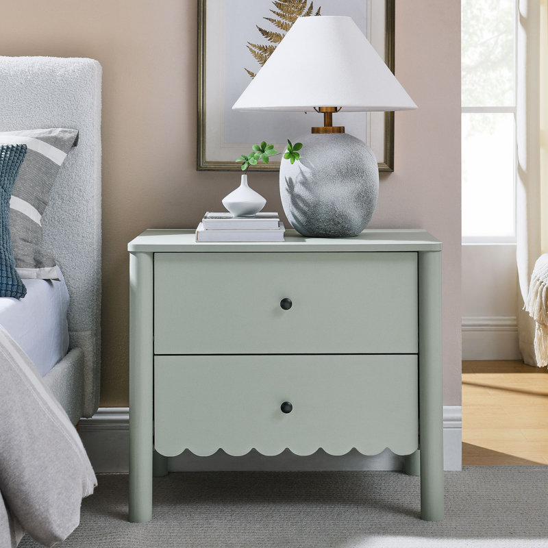 Emmeline Scalloped 2-Drawer Nightstand In Light Grey, Sage