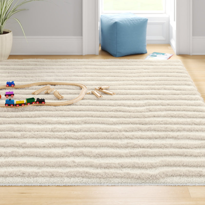 Rameriz Rectangle Striped Machine Woven Polyester Area Rug in Ivory/ Light Beige, Rectangle 7'9" x 9'6"