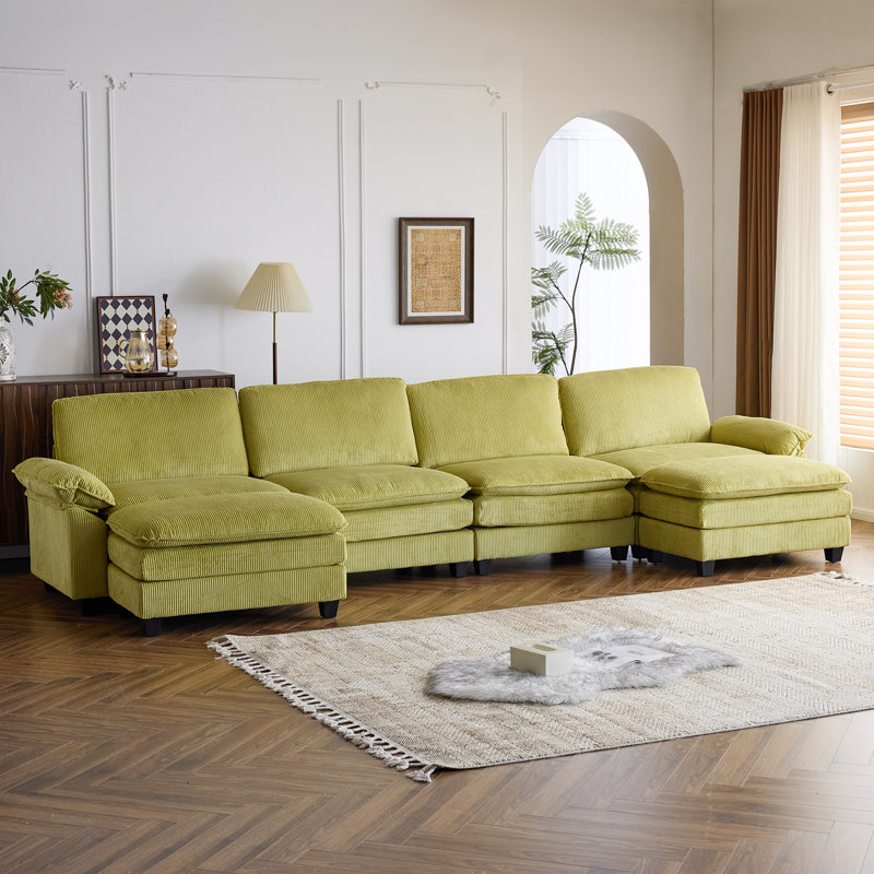 Latitude Run® 4-Seat Sectionals With 2 Ottoman, Green Corduroy