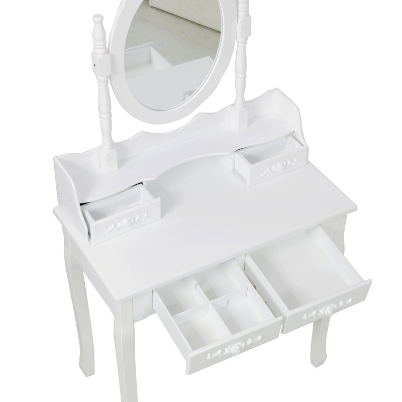 Vanity Desk Set With Mirror And Cushioned Stool, 4-Drawer Wooden Makeup Vanity Table For Bedroom, White
