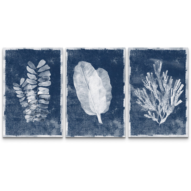 «Minimal Botanical», feuilles de la jungle bleue, art nautique corail, impression sur toile, 3 pièces, H 36 po x l 72 po
