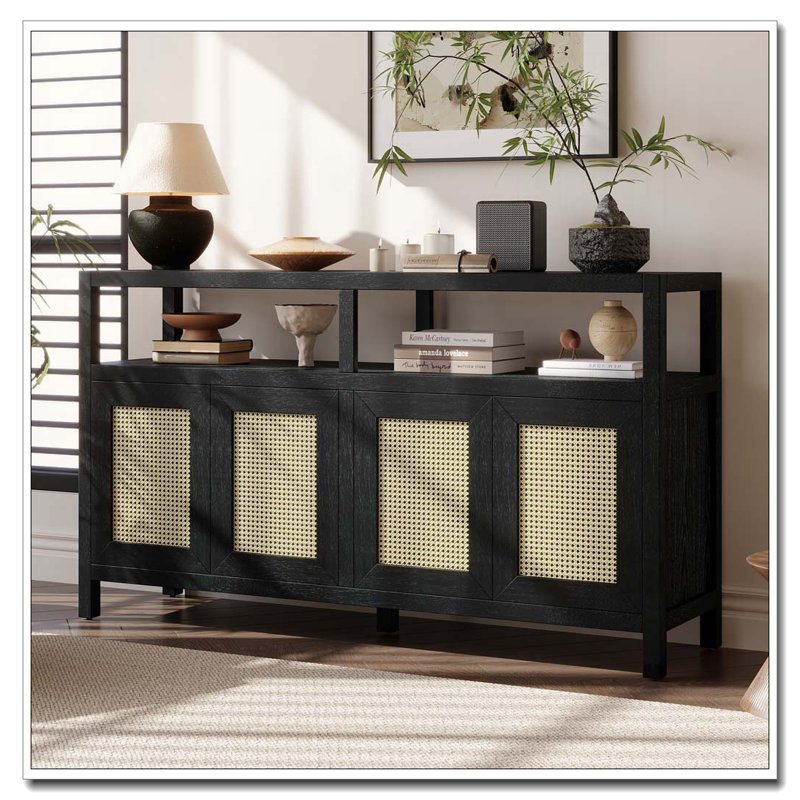 Bohemian Rattan Sideboard with Solid Wood Frame and Adjustable Shelves, Black