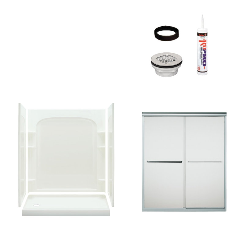 Ensemble 60" W x 73.75" H Framed Rectangle Sliding Shower Stall and Base Included, Satin Nickel/White, Left