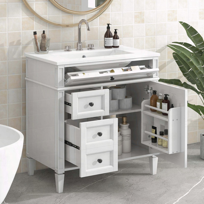 Meuble-lavabo moderne 30 po avec 3 tiroirs et organisateur de porte d'armoire, Gris