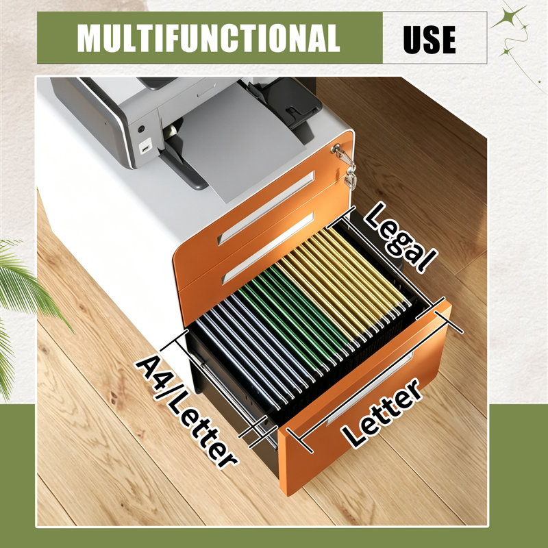 15.7 " Wide 3 Drawers Mobile Vertical Filing Cabinet, Orange