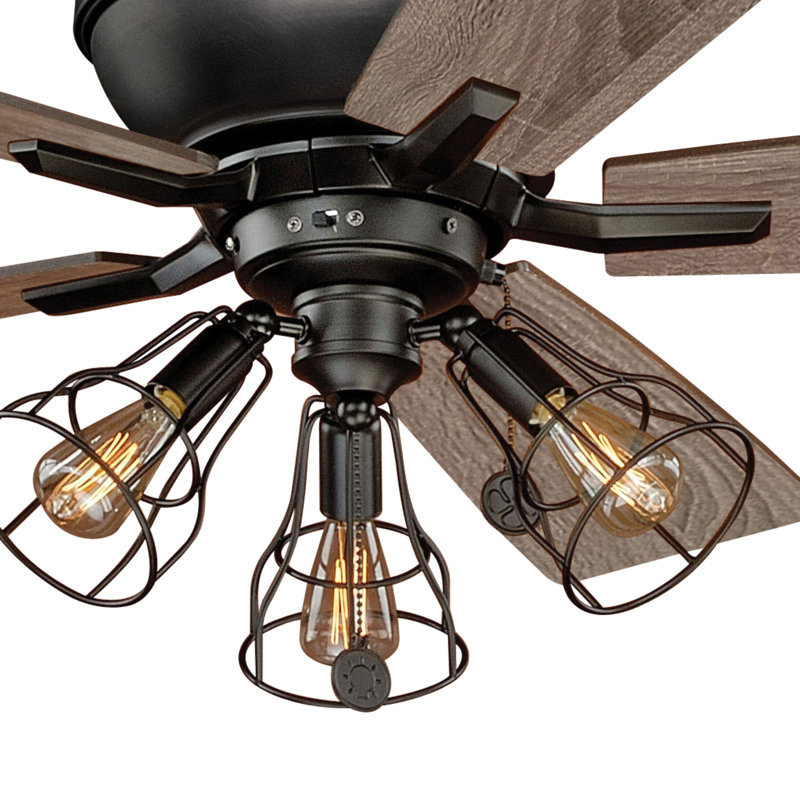 Hornsey 52 in. Bronze Indoor Rod Mount Industrial Ceiling Fan with Reversible Driftwood-Dark Maple Blades, 3-Light LED Caged Light Kit and Pull Chain Included, 3 Speeds, Bronze Wire Cage Shade