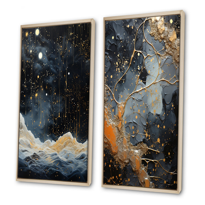 «Abstract Gold and Black Constellation», ensemble de 2 reproductions d'art sur toile, Cadre flottant brun, H 28 po x l 25 po