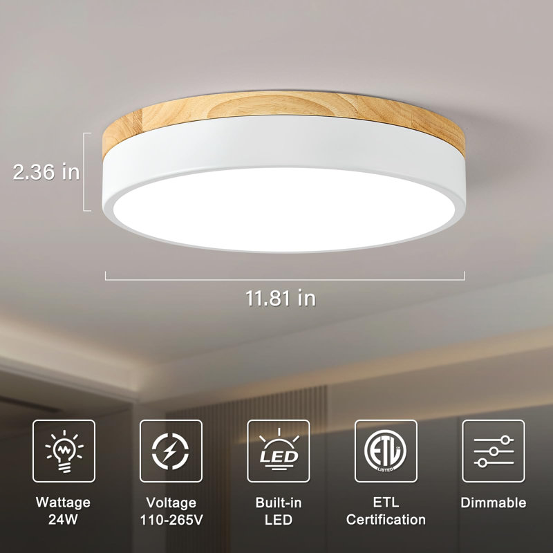 Dimmable Wood LED Ceiling Light Fixture, 5CCT 2700K-6000K Modern White Flush Mount Ceiling Lighting, Minimalist Round Ceiling Lamp For Bedroom, Kitchen, Laundry Room, Hallway, 11.81In