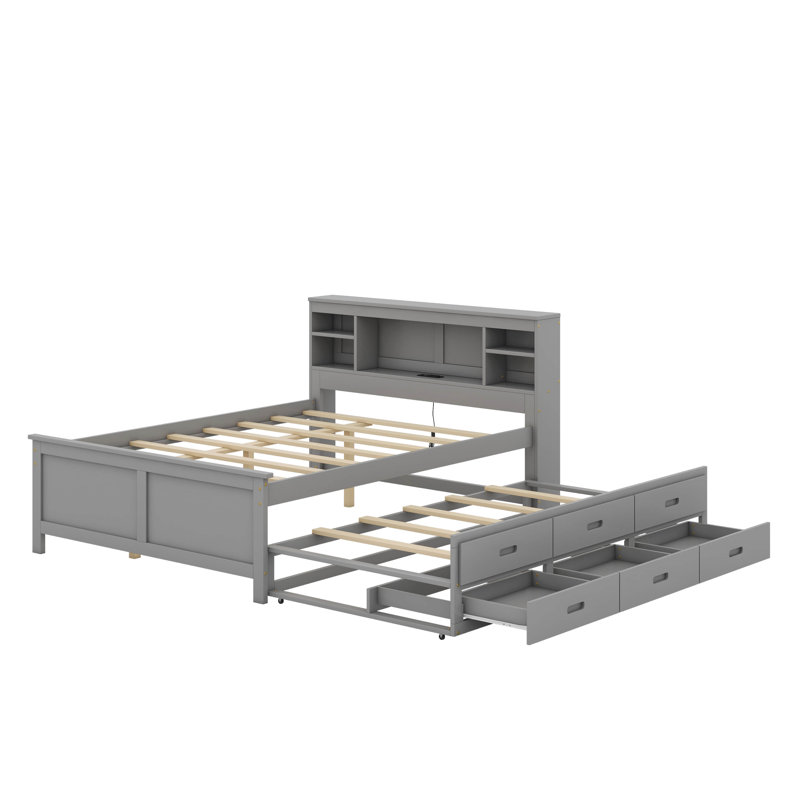 Lit plateforme avec tête de lit, USB, lit gigogne et tiroirs, Lit double, Gris