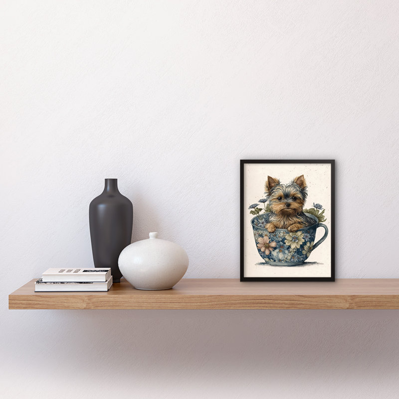 Cute Teacup Yorkshire Terrier Dog and Flowers in Floral Tea Cup Modern Watercolour 1 Piece Single Picture Frame Wall Art