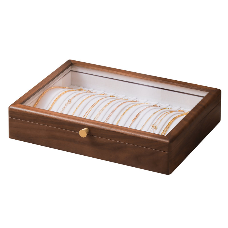 Black Walnut Wooden Necklace Box, 13 Hooks Display Organizer Tray with Glass Lid for Women Pendant Chain.