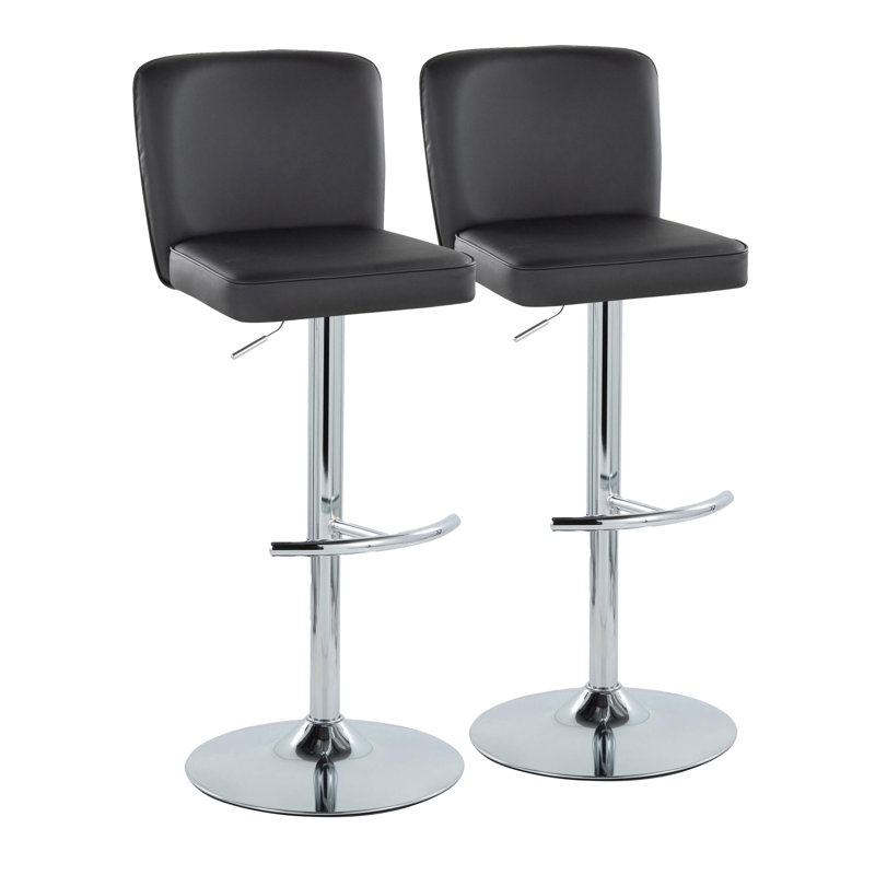 Huxley Adjustable Bar Stools with Rounded T Footrest, Chrome, Black Faux Leather