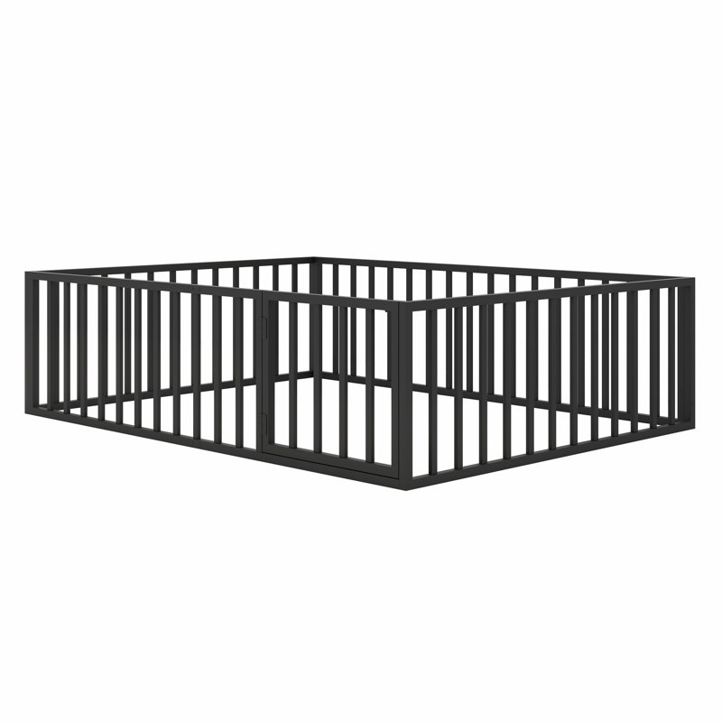 Metal Floor Bed Frame With Fence And Door, Black, Queen