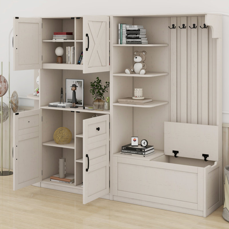 Multifunctional Left-Right Combination Hall Cabinet With Storage And Hooks, Storage Cabinet/ Hall Tree 2 In 1, Antique Beige