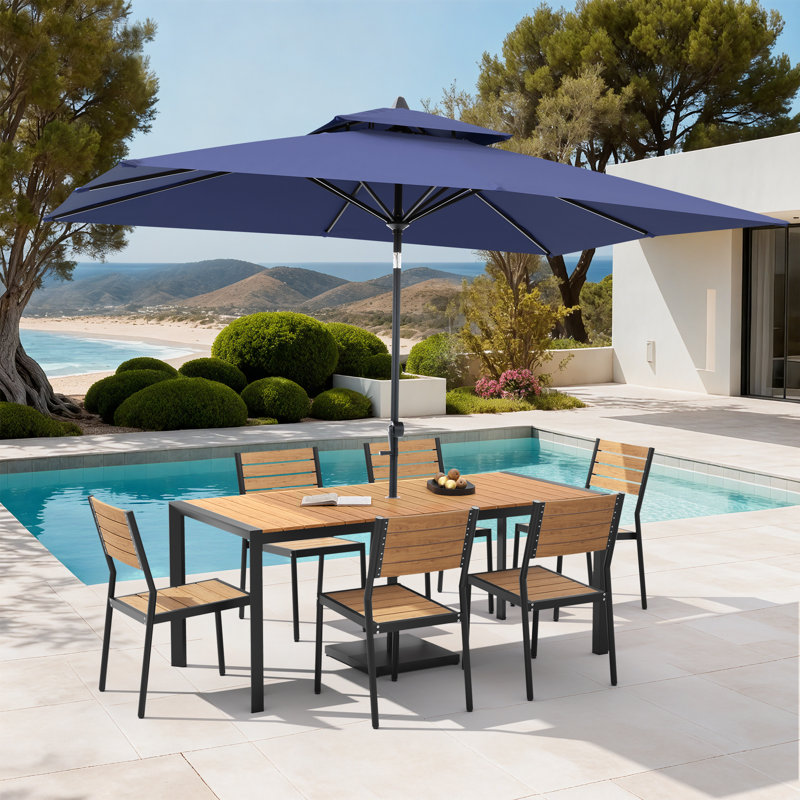 Ensemble repas pour 6 personnes en aluminium avec chaises empilables, parasol de patio et base lestée, Marine, Brun