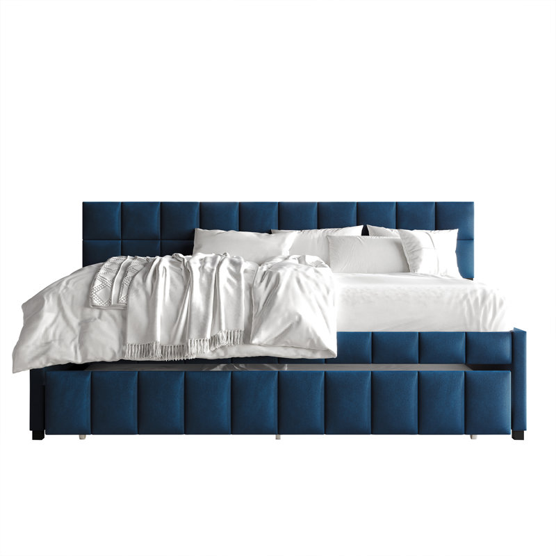 Twin Daybed Velvet With Trundle, Navy Blue