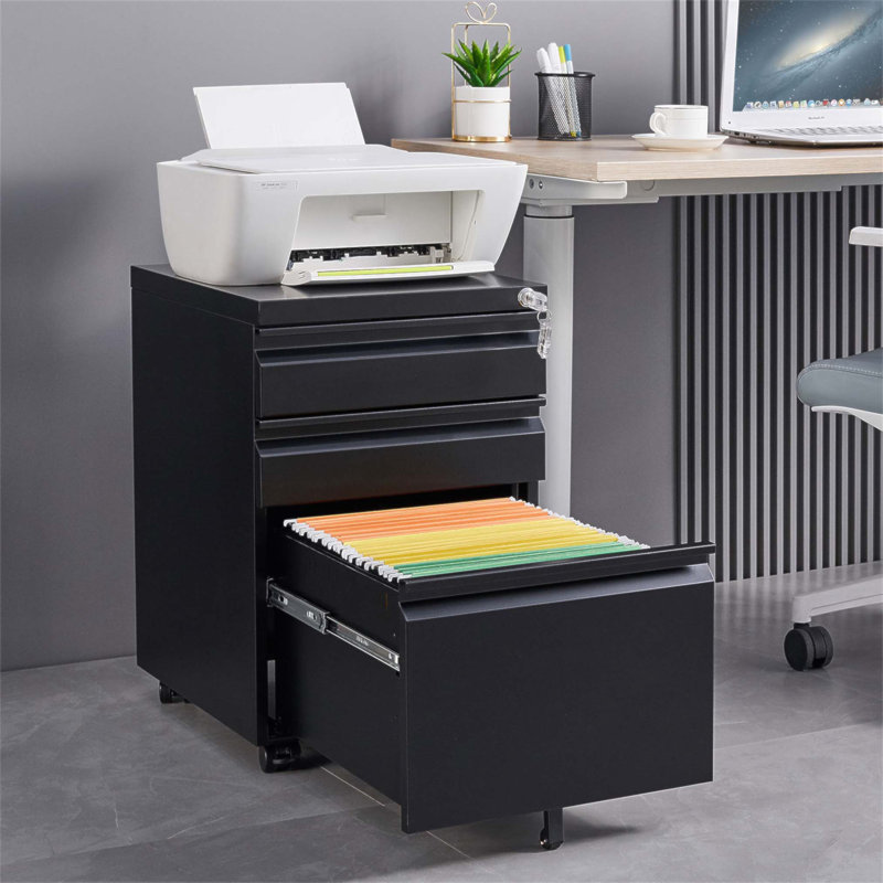 Installation Required 3-Drawer Mobile Filing Cabinet With Lock, Metal Office Storage For Legal/Letter Size Documents, Black