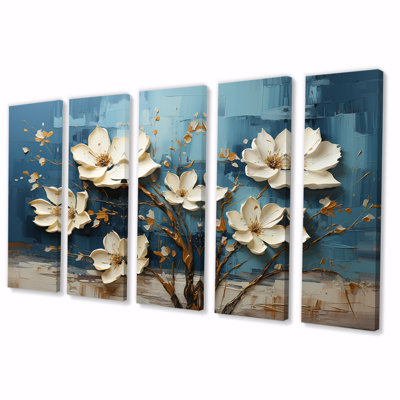 Orchidée bleue et blanche jardin de branches V - art floral abstrait 5 pièces