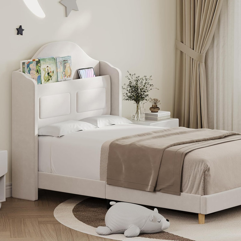 Upholstered Velvet Princess Twin Bed Frame with Wingback, Bookcase Headboard & LED Lights for Kids Boys Girls, Noise-Free, No Box Spring Needed, Easy Assembly, 2 PCS, Beige