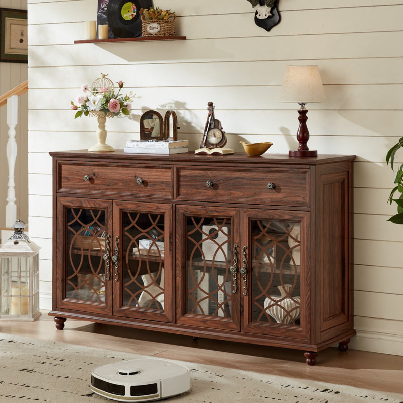 Farmhouse Sideboard Buffet Cabinet With Storage,59" Large Credenza With 4 Glass Doors & 2 Drawers,Adjustable Shelves Console Table,Wood Kitchen Coffee Bar For Dining Room,Living Room
