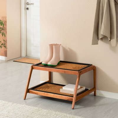 Premium Solid Wood Boot Tray Stand with Natural Coir Mat - Entryway & Mudroom Shoe Organizer