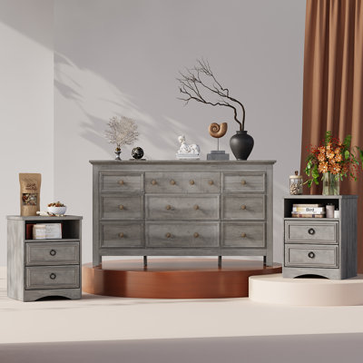 3 Piece Bedroom Dresser Set - 9 Drawer Dresser And Two 2 Drawer Nightstands,Gray Wash by Winston Porter
