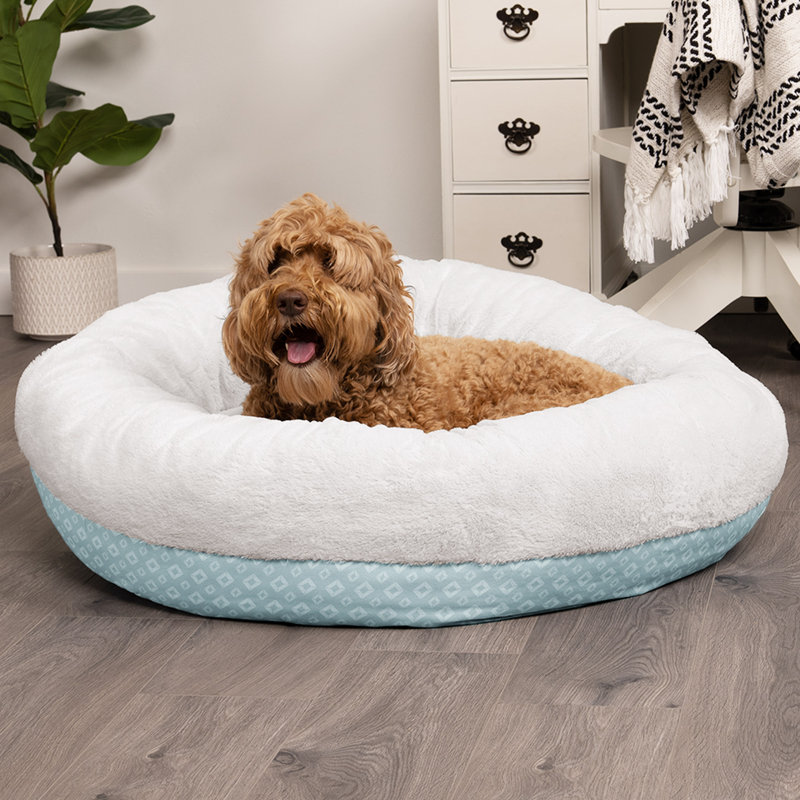 Round Dog Bed Large Plush Diamond Print Calming Donut Dog Bed