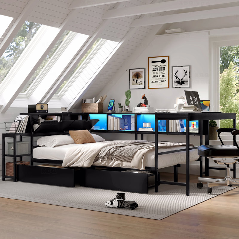 Bed Frame Corner With Bookcase And 2 Underbed Storage Drawers, Modern Twin Bed With Led Light And Charging Station, Twin
