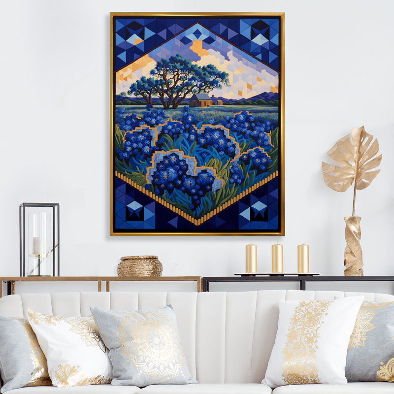 «Field of Blossoming Bluebonnets I» - Impression, Cadre flottant doré, H 44 po x l 34 po x P 1,5 po
