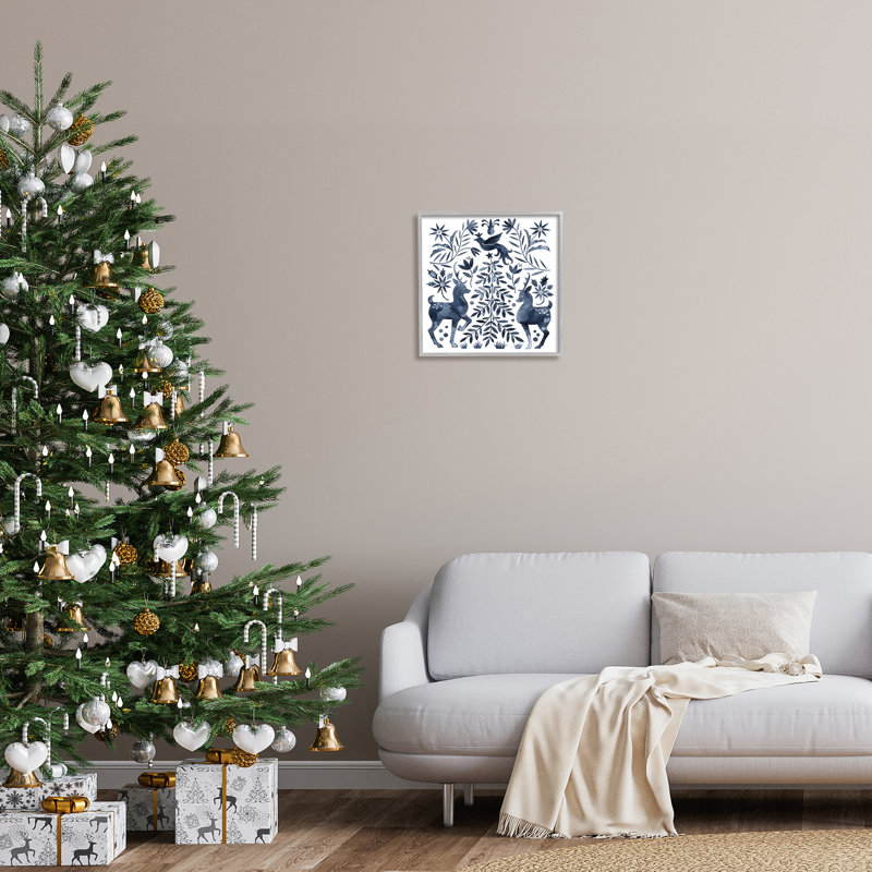 Chevreuil festif, colombe, sapin de Noël, plantes, feuilles, H 17 po x l 17 po x P 1,5 po, Estampe numérique Farmhouse